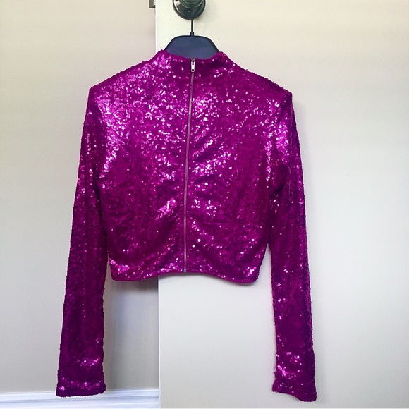 Brand new never worn hot pink sequinned long sleeve zip back crop top size M - Picture 4 of 5